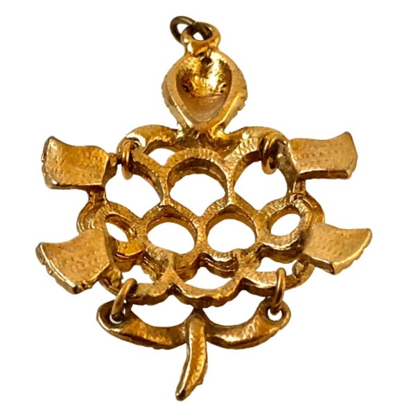 Turtle Vintage Gold Tone Wiggle Hinged Moves Green Rhinestone Eyes - Picture 9 of 9